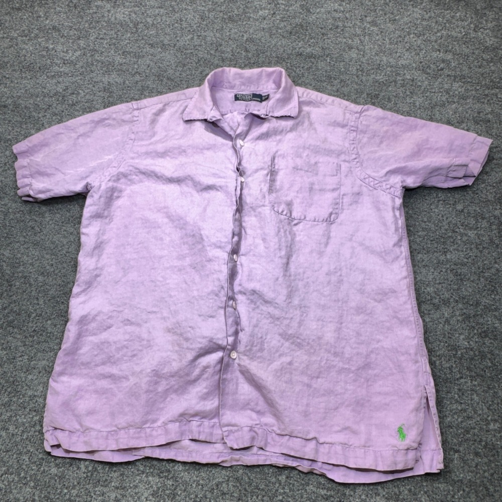 Polo Ralph Lauren Shirt Mens Medium Purple Linen Camp Collar Short Sleeve 90s